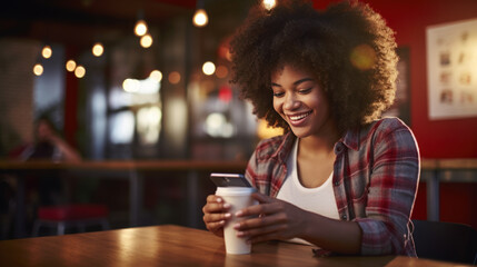 Smiling woman with curly hair enjoying her time while looking at her smartphone in a cozy, well-lit cafe setting