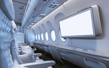 Fototapeta premium Blank Mockup Signboard in first class business luxury seats for vacations or corporate airplane travel. 
