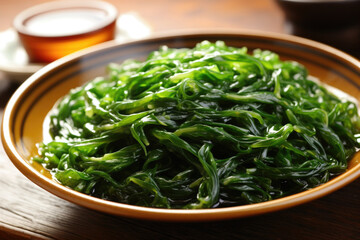 Bowl of fresh seaweed salad on table, glistening with a light dressing and sprinkled with sesame seeds. Concept healthy eat, nutritious meals