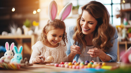 Portrait of a woman and a young child with bunny ears, smiling and engaging in Easter festivities, likely painting Easter eggs