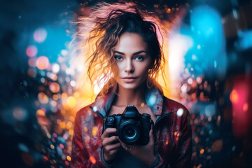WOMAN PHOTOGRAPHER HOLDING A CAMERA ON A BACKGROUND OF OUT OF FOCUS LIGHTS.