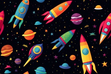Spaceship, space, planets, elements seamless pattern graphic. Illustration for design of children's rooms, textiles, holidays, wallpapers, backgrounds.
