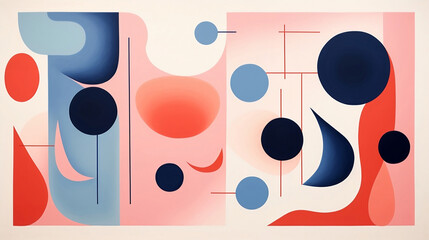 Simple geometric shapes and shapes in color, in the style of flowing lines, light red and light navy, letras y figuras, colorful curves, delicate lines, line and dot wor