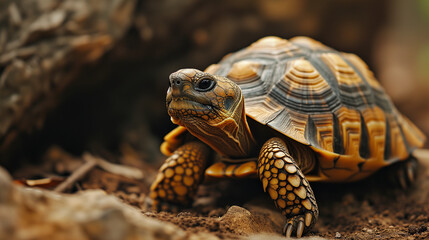 A tortoise ambles across the soil, close-up shot
