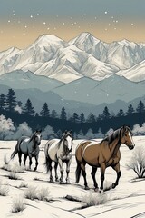 Three horses grazing on grass in snow with Rocky Mountains in the background, Horses, Field Grazing, Generative AI
