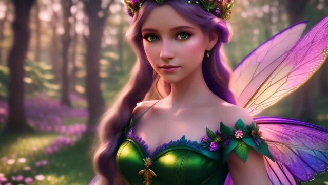 Portrait of a Beautiful Fairy Princess with Flowers in Her Hair in Front of a Forest