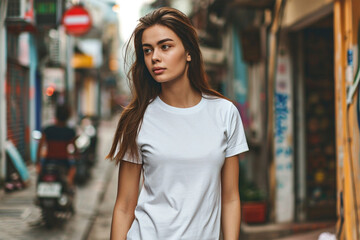White t-shirt mockup with female model