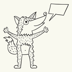 wolf with speech bubble. Hand drawn vector illustration.