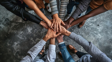 Obraz na płótnie Canvas A top-down view of a group of friends stacking their hands together, symbolizing unity, teamwork, and mutual support in a casual setting.