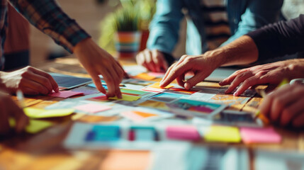 Obraz premium ?lose-up view of several hands collaboratively working on a project with colorful sticky notes, papers, and digital devices on a wooden table.