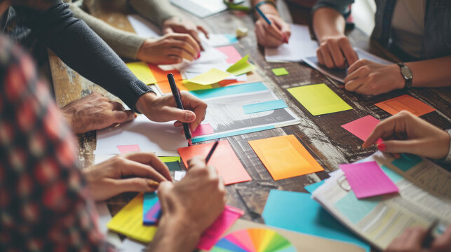 ?lose-up view of several hands collaboratively working on a project with colorful sticky notes, papers, and digital devices on a wooden table.