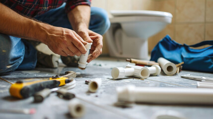 Fototapeta na wymiar Plumber at work, fitting pipes on a bathroom floor with various plumbing tools