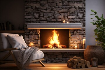 A fireplace in a house burning wood for warmth - obrazy, fototapety, plakaty