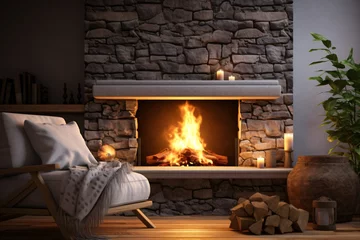 Poster A fireplace in a house burning wood for warmth © Tarun