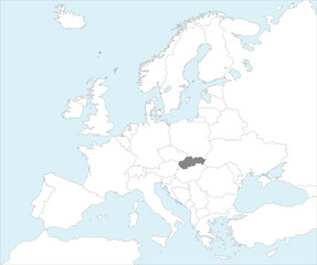Gray CMYK national map of SLOVAKIA inside detailed white blank political map of European continent on blue background using Mollweide projection