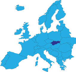 Dark blue CMYK national map of SLOVAKIA inside simplified blue blank political map of European continent on transparent background using Peters projection