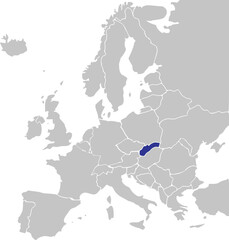 Fototapeta premium Blue CMYK national map of SLOVAKIA inside simplified gray blank political map of European continent on transparent background using Mercator projection
