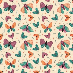 Colorfull butterflies and moths on a light background. Seamless pattern with floral 