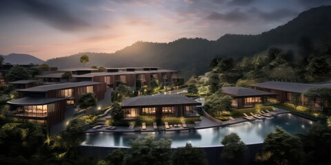 Luxury resort nestled amidst lush hills, beautifully blending the artistic styles  The surroundings feature ethereal foliage, enveloped serene.