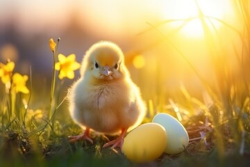 Cute little yellow chicken with easter eggs on green grass. copy space
