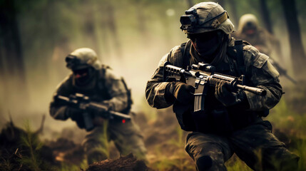 Soldiers in Combat Gear Advancing Cautiously in the Field 