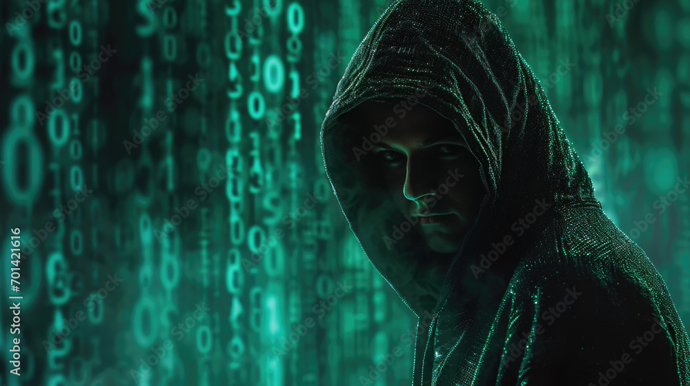 Poster shadowy figure in a hooded jacket standing against a backdrop of digital data code