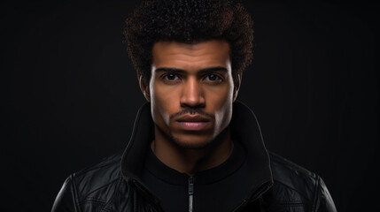 Obraz premium Stylish close-up portrait of a handsome afroamerican young man on black background. Handsome Afro American guy in black jacket looking at camera on a dark background 