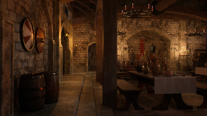 Old medieval dining hall at night with Viking shields hanging on the wall. 3D rendering. - obrazy, fototapety, plakaty