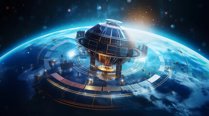 telecom communication satellite orbiting around the globe earth with futuristic technology datum hologram information for online and internet connection and gps space orbit services banner  - obrazy, fototapety, plakaty