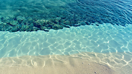 Obraz premium Mesmerizing Oceanic Scenery, Serene Sea and Sandy Beach on a Sunny Day, Generative AI