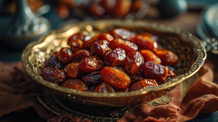Ramadhan foods, dates fruit in a decorative golden bowl on wooden table