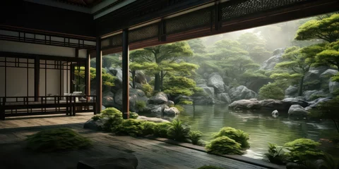Tuinposter Visualize a traditional China during the peak of its prosperity, with a radiant sunbeam piercing through, creating a vivid and photorealistic scene that transports you to a bygone era. © Nattadesh