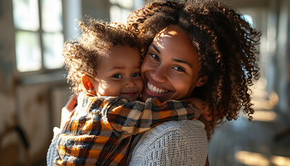 Cute African American little child hug cuddle excited young black mum show love and affection, smiling mother and funny small preschooler kid have fun at home embrace sharing close tender moment  - Powered by Adobe