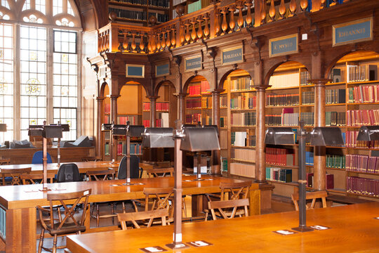 Desks placed by historic books at the Bodleian Library in Oxfordshire in the UK