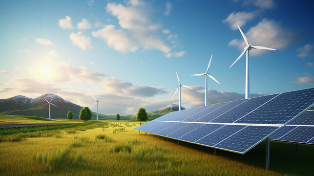 wind turbine and solar pannel illustration, renewable energy protecting nature, energy for the future, protecting the earth, ecology, nature, clean energy, electricity, industry, clean electricity 