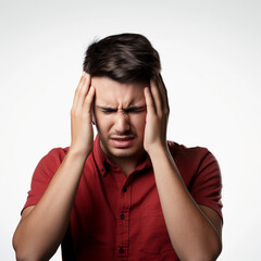 Naklejka premium Young man has headache pain isolated background 