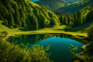 Mountain, Hill, Landscape, Beautiful Wallpaper, Water, Green, Blue, Green, Grass, Tree, Blue Sky, Yellow, Pond, Lake, River, Large, Full HD, 4k, 8k, Large image, Nice Photography.

