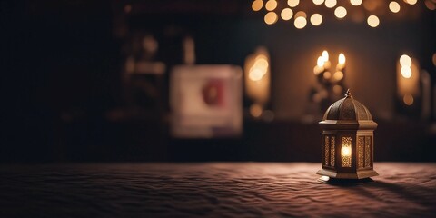 Ornamental Arabic lantern with burning candle glowing at night. Festive greeting card, invitation for Muslim holy month Ramadan Kareem. - obrazy, fototapety, plakaty