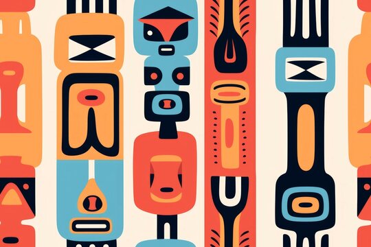 Seamless Background. Tribal Seamless Background with Ritual Masks for Print or Card. Ethnic Seamless Background with Color Trible Ritual Masks for your Design