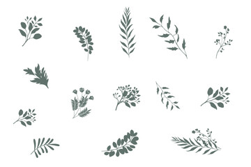 Hand drawn botanical silhouette of branches, flowers and leaves. Vector illustration - obrazy, fototapety, plakaty