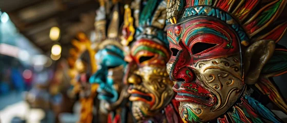 Poster Brazilian carnival masks. Rio de Janeiro carnival mask with feathers. Brazilian carnival. © John Martin