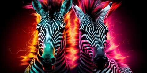 Fototapeta premium Front view closeup of two zebras with electric lights in neon lighting on solid black background