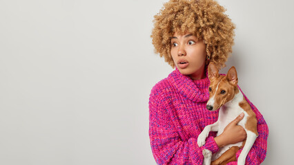Friendship concept. Surprised curly haired woman carries pedigree dog dressed in casual pink...