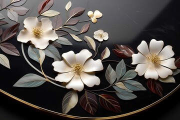 Exquisite Pietra dura flowers bloom, their intricate petals reflecting on polished marble, evoking a sense of timeless elegance.