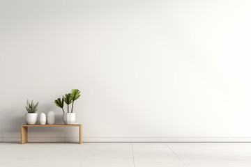 Rubber fig plant in a living room, Plant against a white wall mockup. White wall mockup with brown curtain, plant and wood floor. 3D illustration, Generative AI