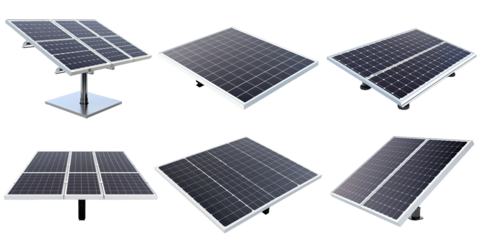 Set of solar panels or solar cells for health clean energy and environment isolated on transparent png background, Photovoltaic solar traps, green energy concept.