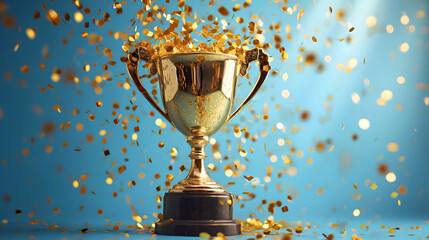 Golden trophy cup with confetti on blue background. - obrazy, fototapety, plakaty