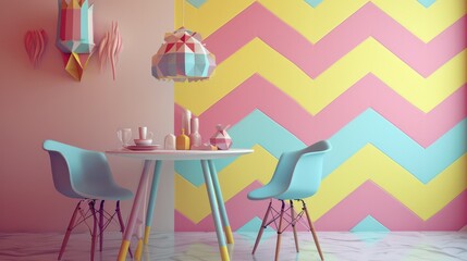 Wallpaper featuring pastel colors in a zigzag pattern, reminiscent of craft paper, adding a touch of whimsy and charm to the scene.