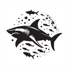 Galactic Glide: Shark Silhouette Gracefully Navigating the Cosmos - Shark Black Vector Stock
