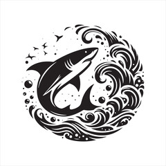 Naklejka premium Starry Sleuth: Shark Silhouette on a Celestial Quest - Shark Black Vector Stock 